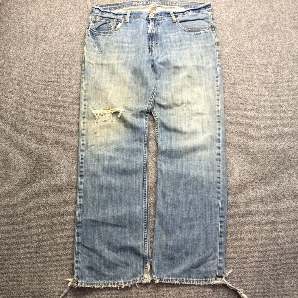American Eagle Mens Relaxed Straight Leg Distressed Blue Jeans 37x27.5